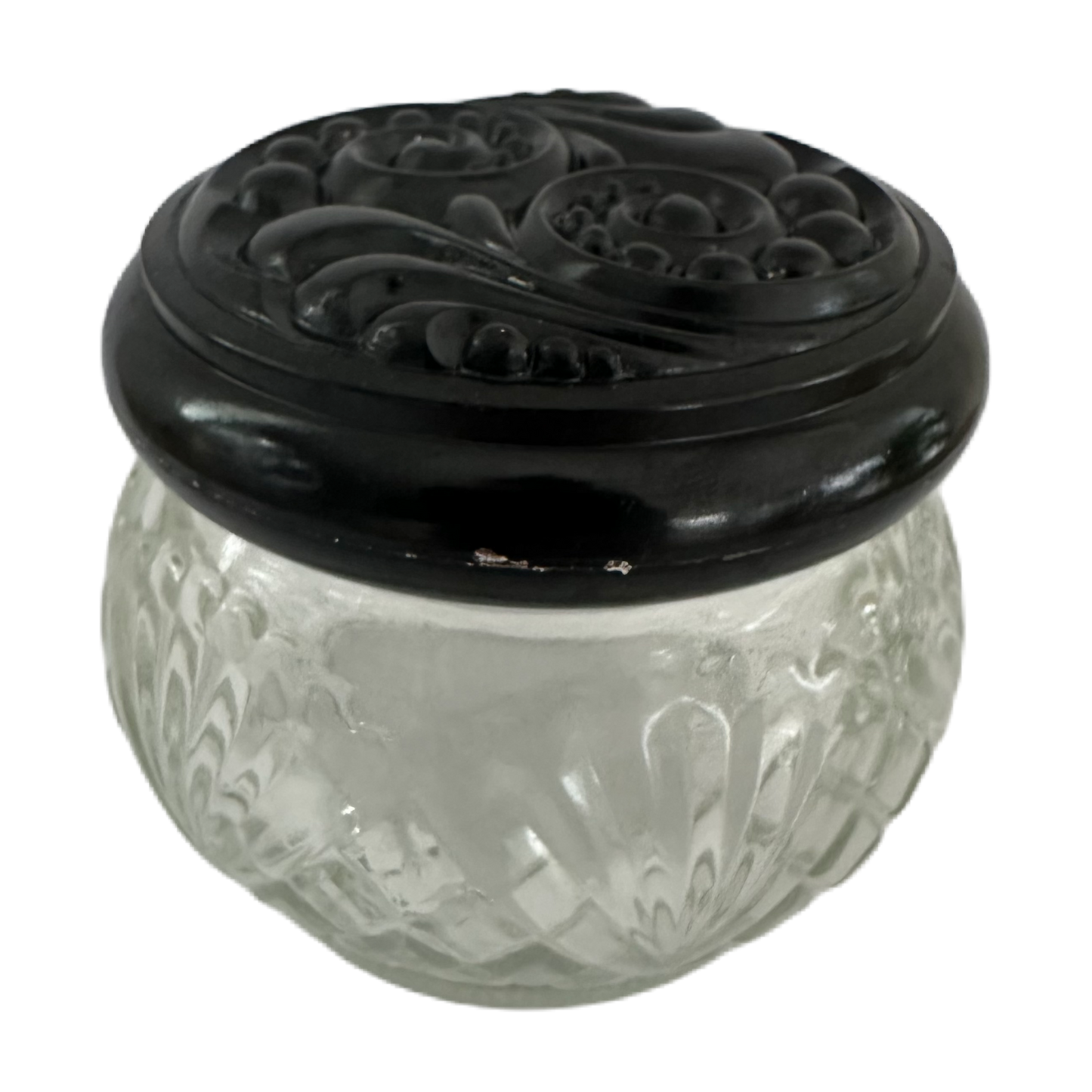 Nipperask i glas med svart lock från Avon.