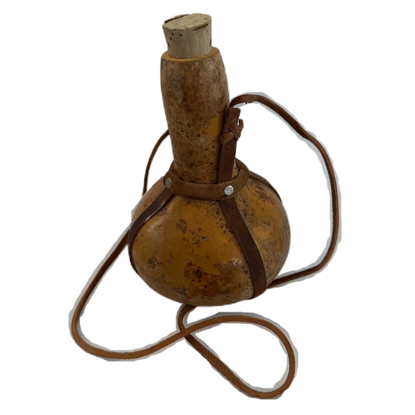 Behållare av kalebass med bärrem i läder.