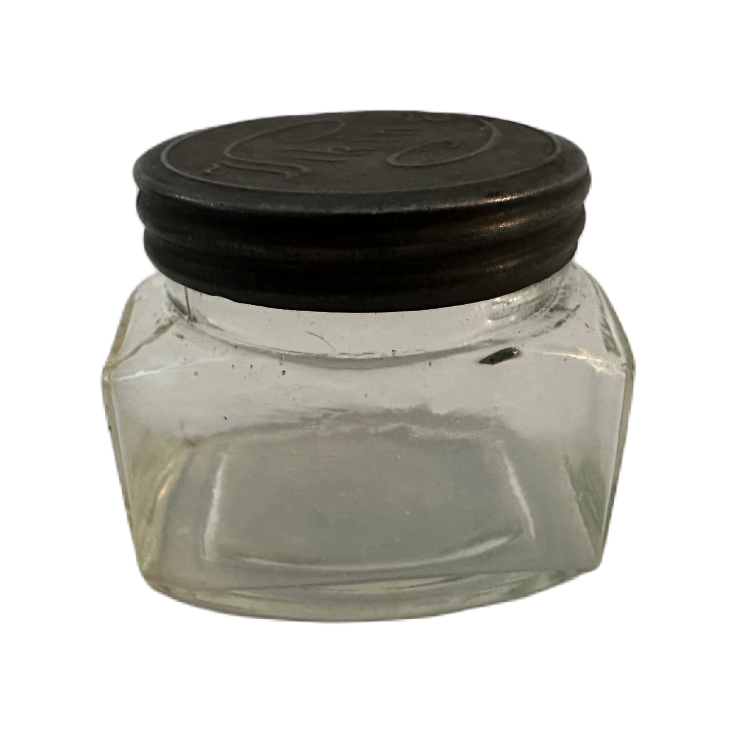 Burk i glas för bläck med lock i metall, märkt Viking.