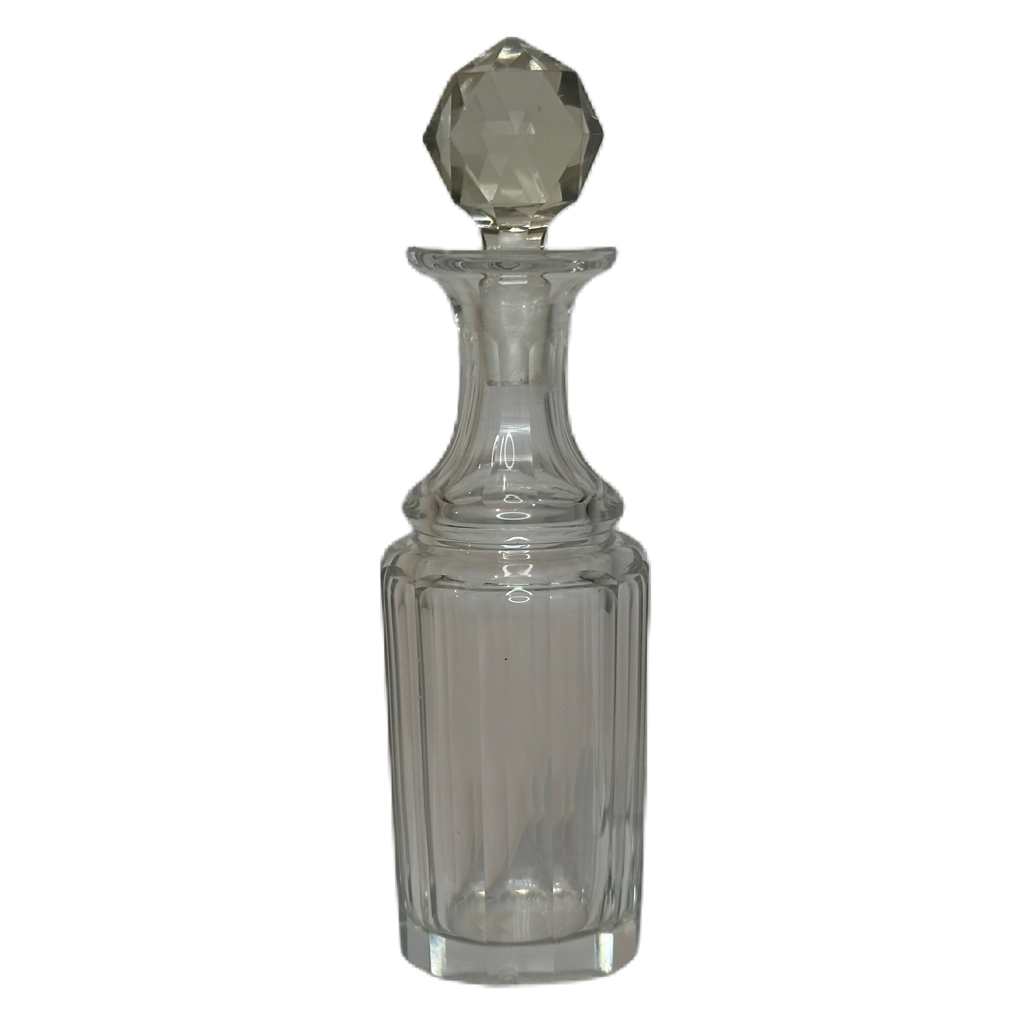 Flakong i glas med vertikalt mönster och diamantliknande propp.