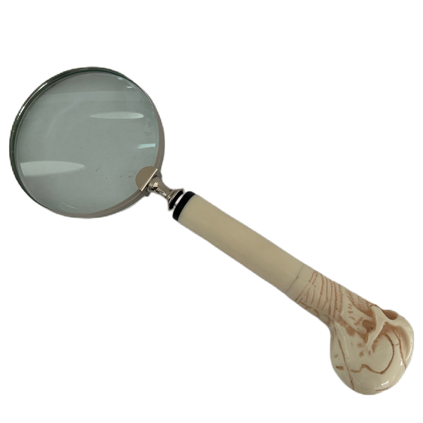 Förstoringsglas med vitt skaft i form av en dödskalle.