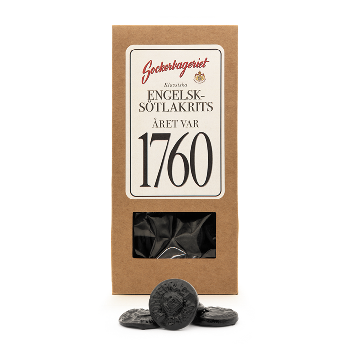 Presentförpackning med engelsk sötlakrits från Sockerbageriet, med recept från 1760.