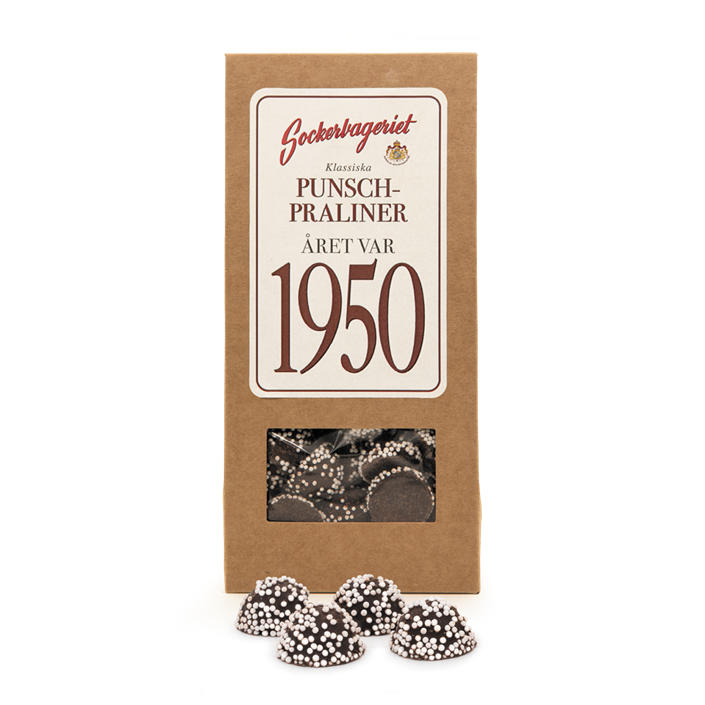 Presentförpackning med punschpraliner från Sockerbageriet, med recept från 1950.