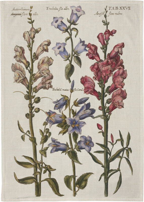 Kökshandduk med klassiskt motiv av blå, rosa och vita blommor från Sköna Ting.