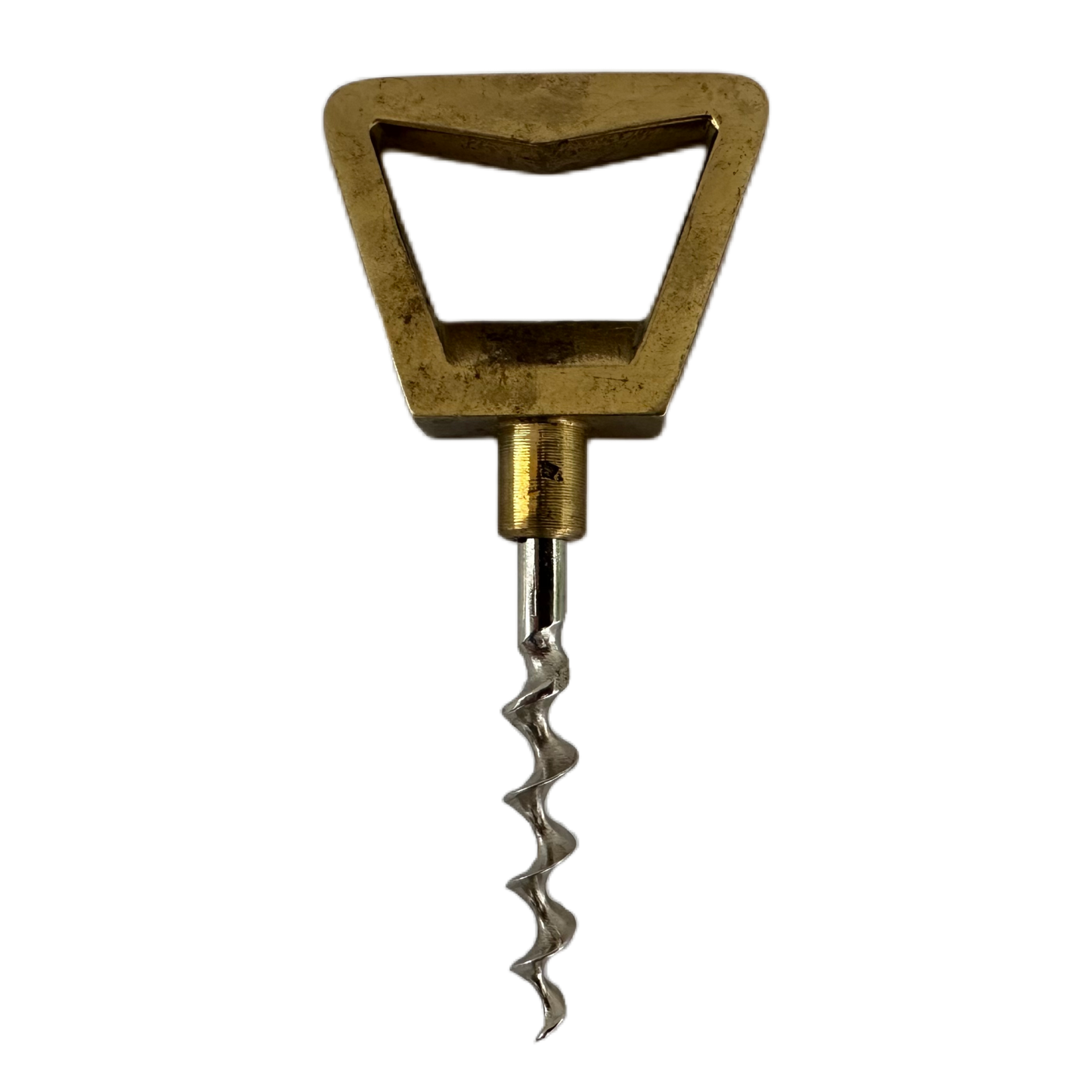 Klassisk, silverfärgad korkskruv med handtag i mässingsfärg.