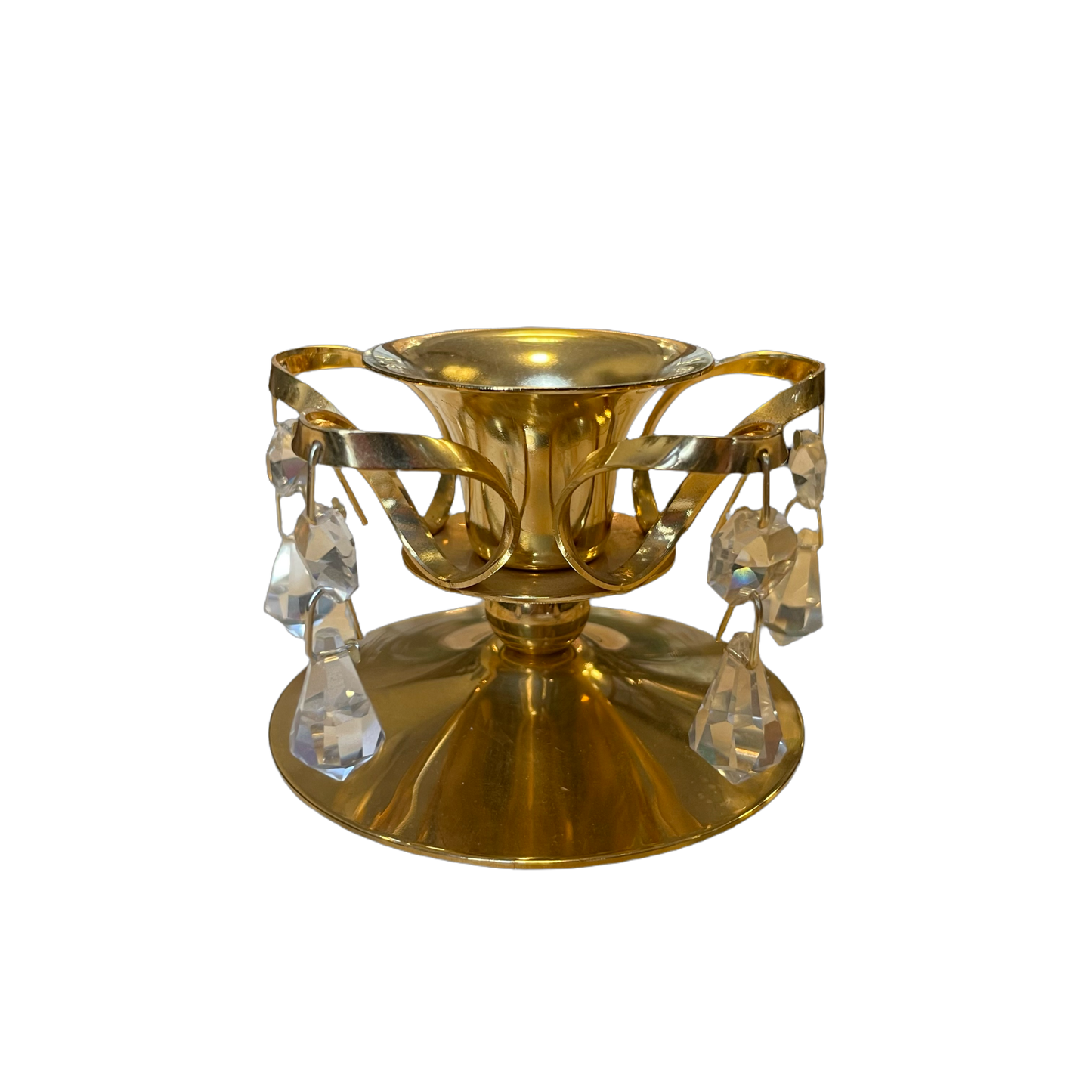 Guldpläterad ljusstake för kronljus med prismor.
