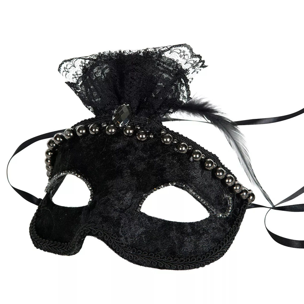 Svart, dekorerad, maskeradmask i textil från A lot Decoration.