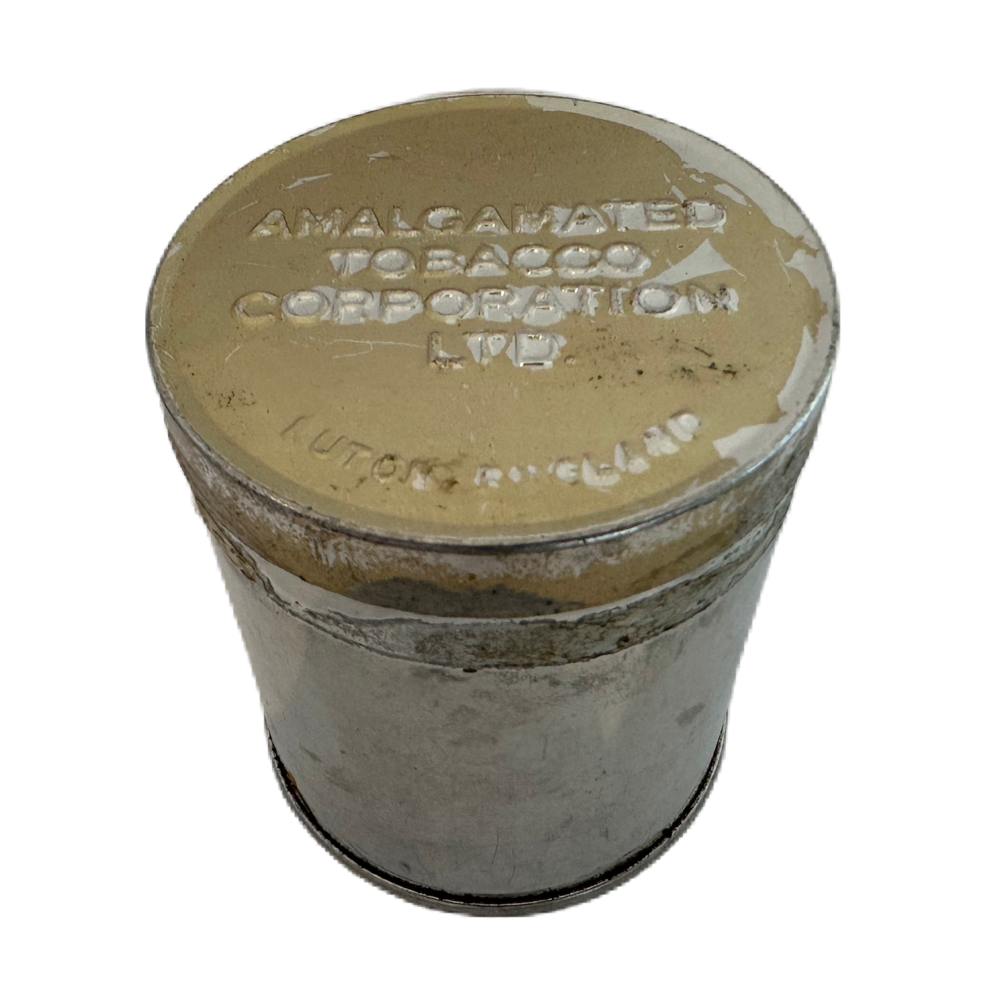 Silverfärgat plåtburk märkt Amalgamated Tobacco Corporation ltd. Luton England.