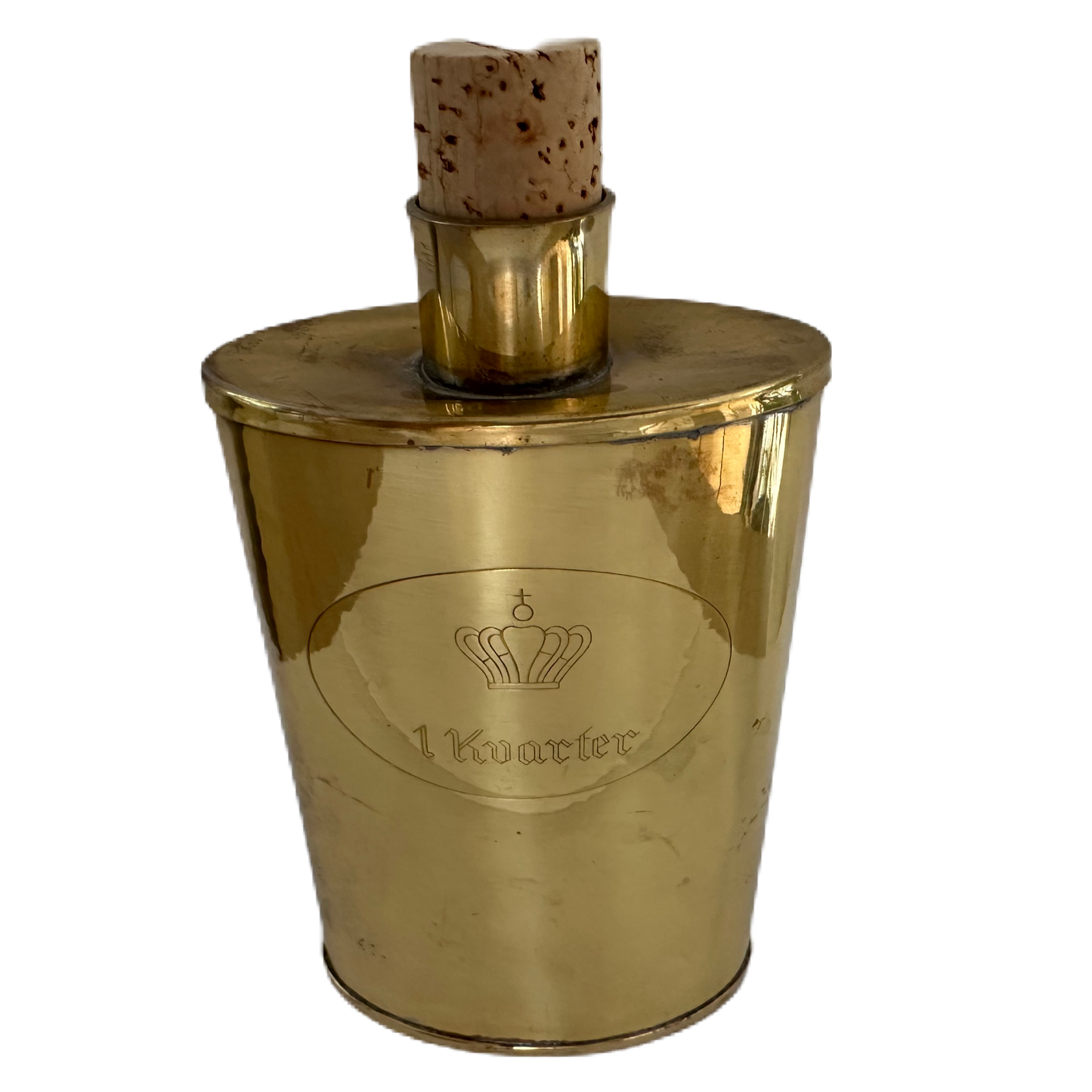 Plunta i mässing med kork, dekorerad med en krona och 1 Kvarter.