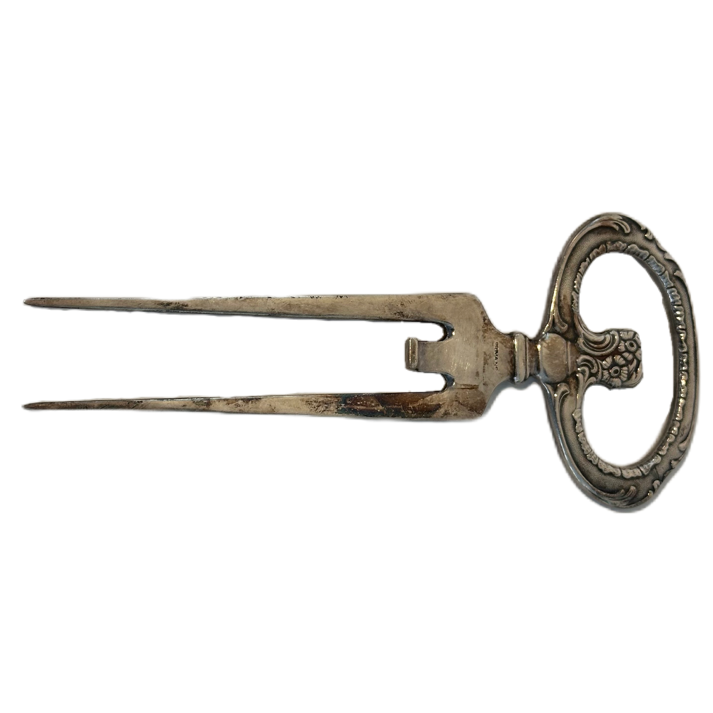 Mönstrad skinkgaffel i nysilver.