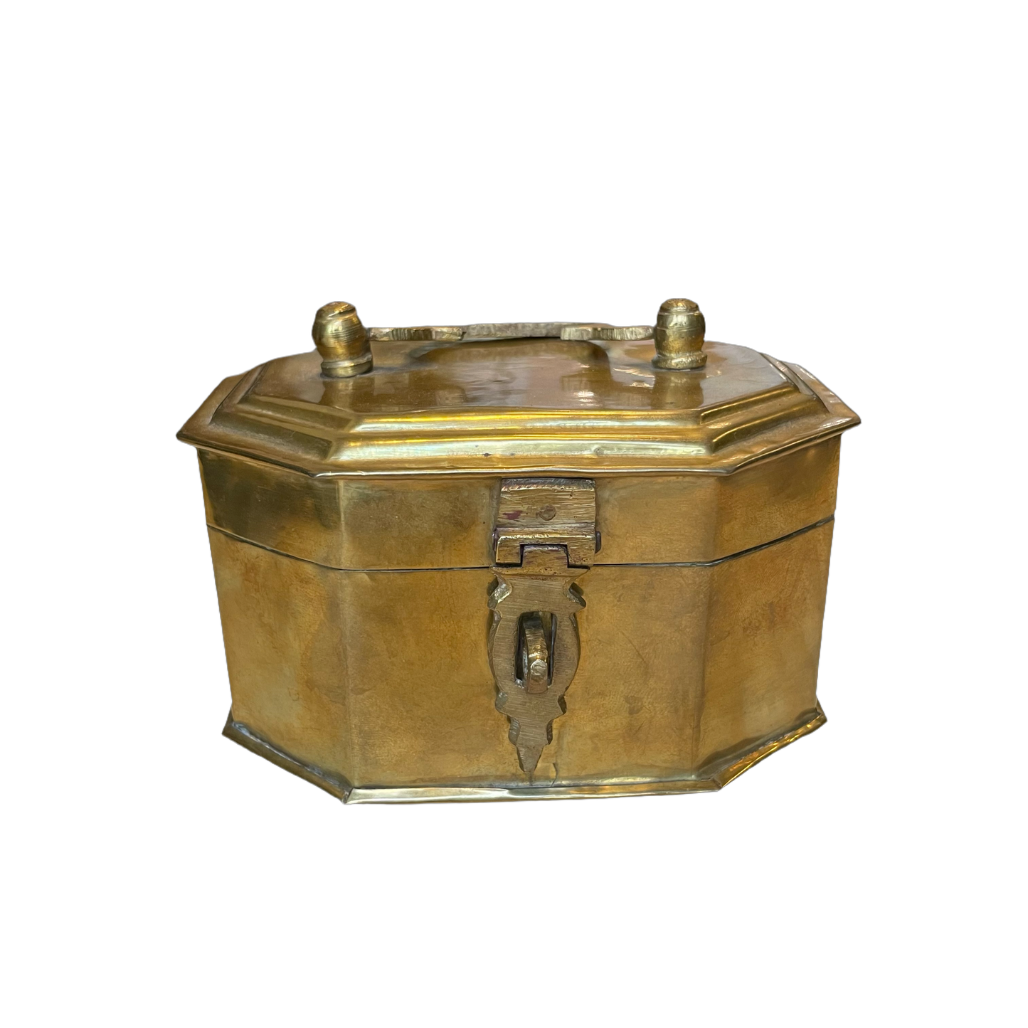 Litet skrin i mässing med handtag och låsögla.