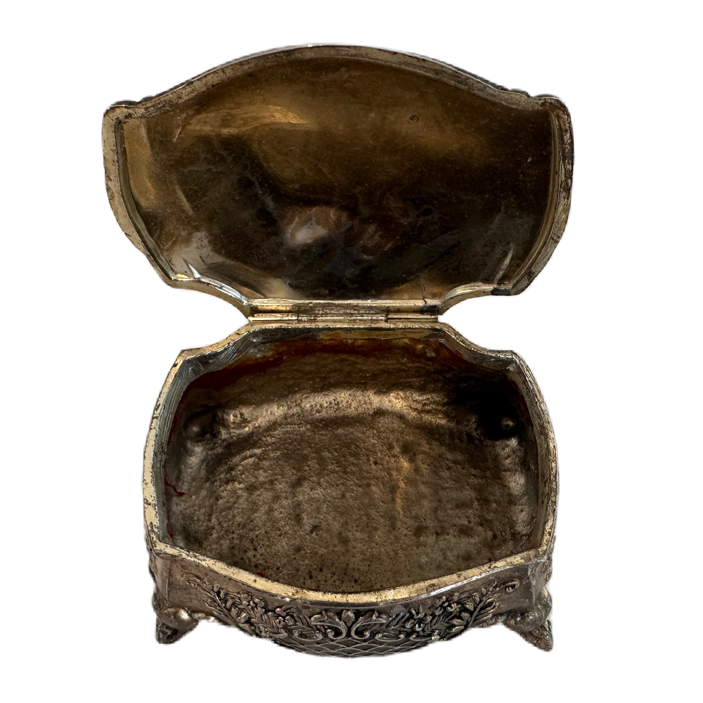 Dekorativ, silverfärgad ask med lock.