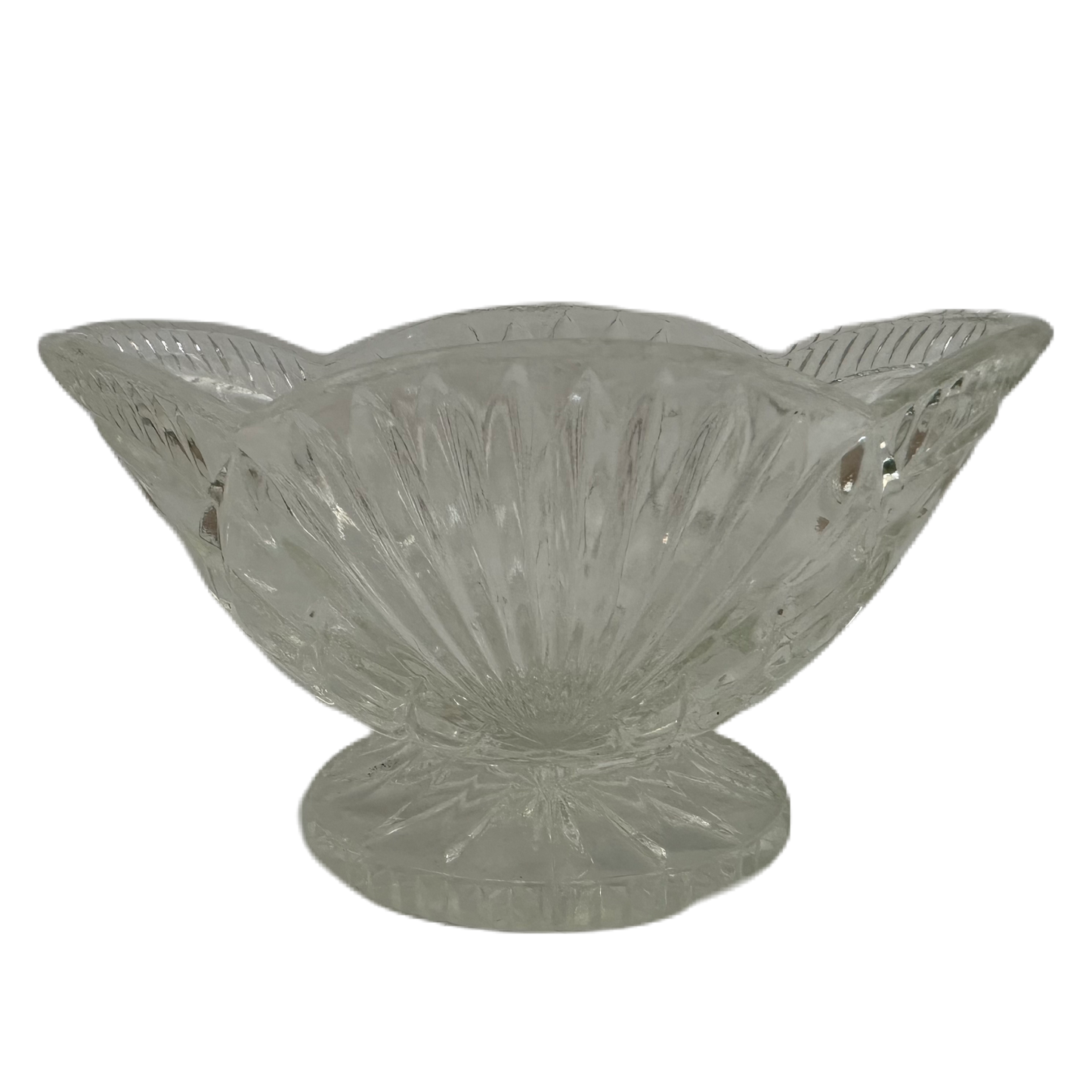 Båtformad sockerskål i pressglas med slipat mönster.