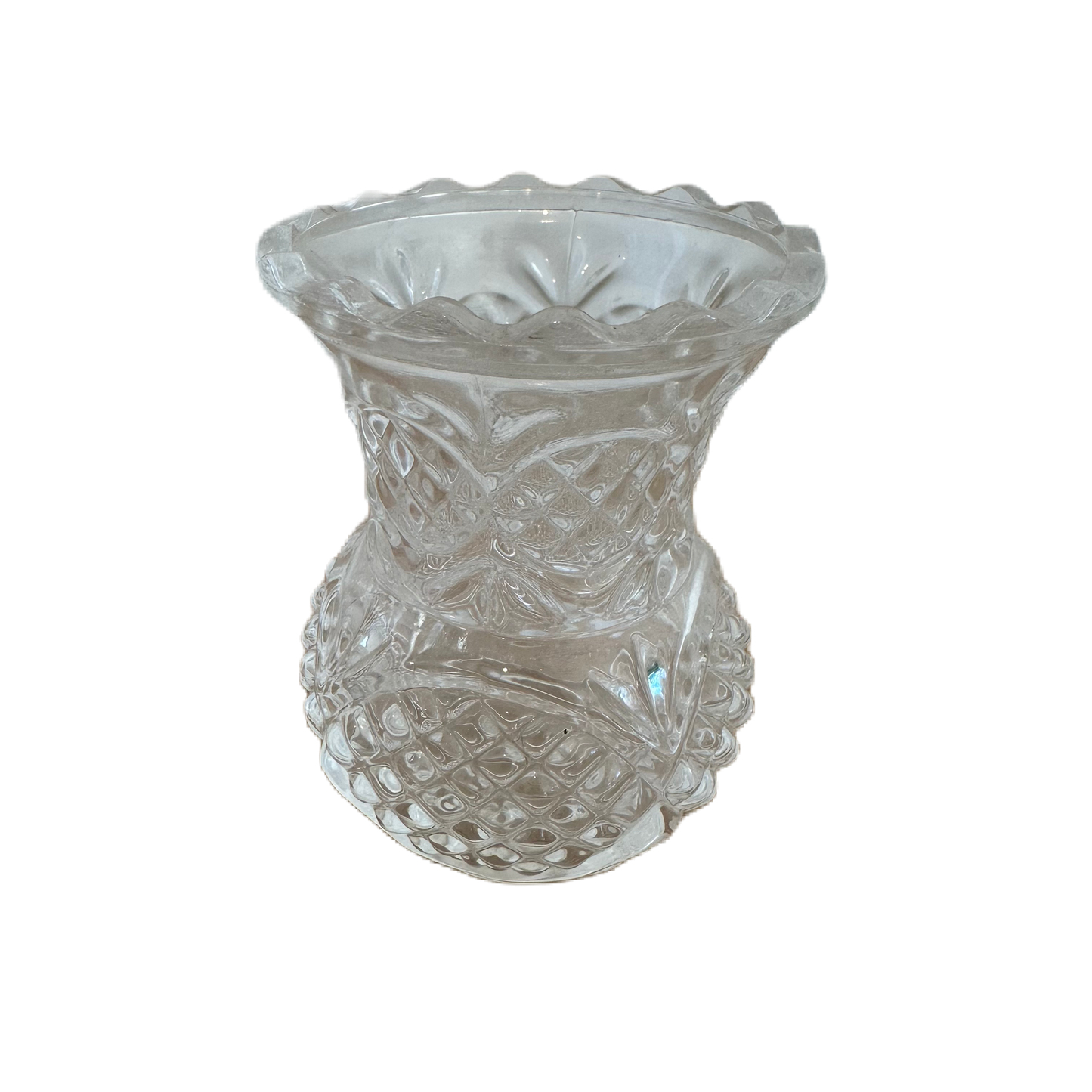 Liten, mönstrad vas i pressglas.