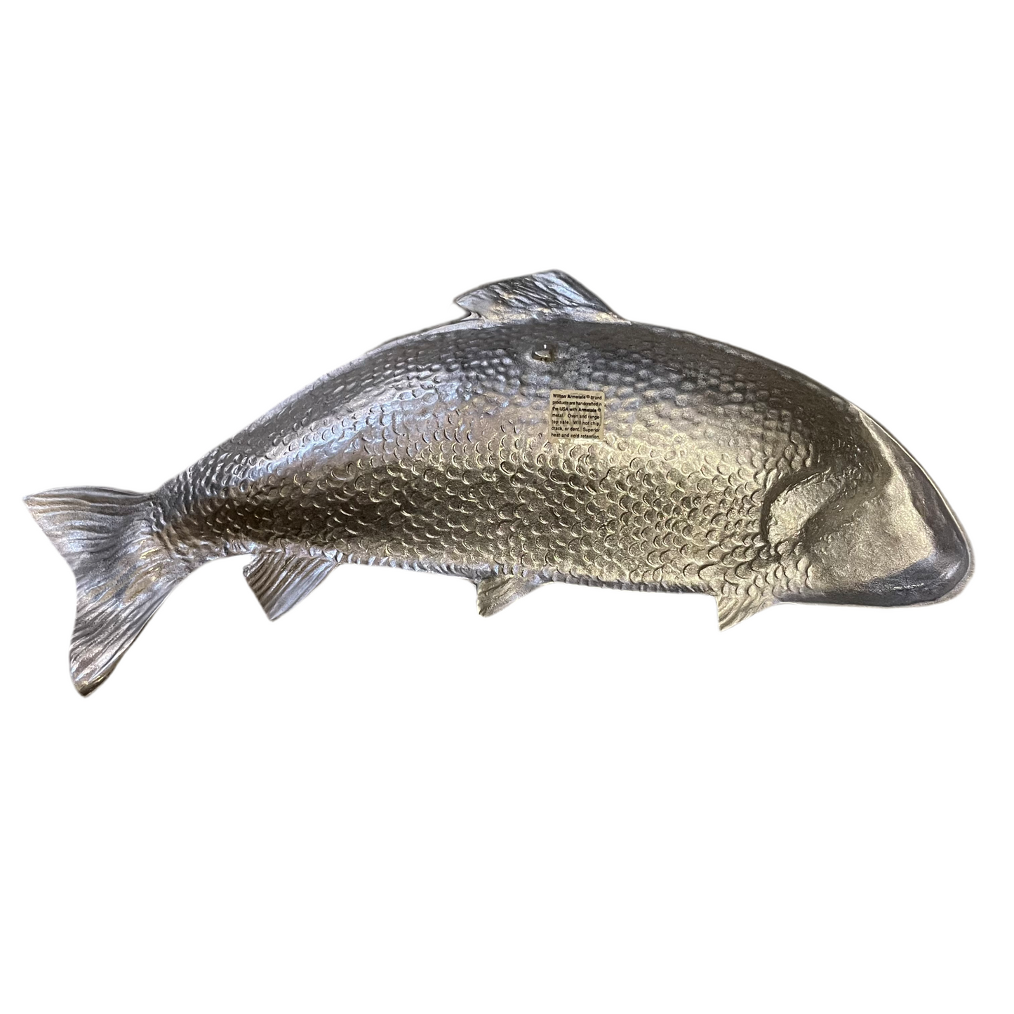 Serveringsfat, formad som en fisk, i silverfärgad armetale från Wilton Armetale.