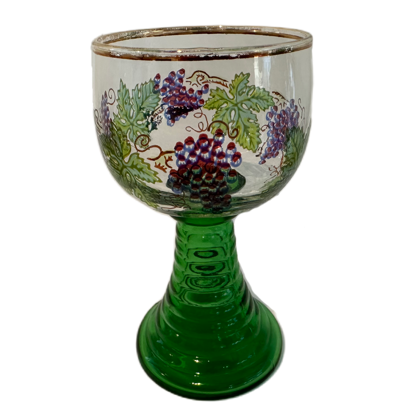 Remmareglas från Römer Bacchus med guldkant, grön fot och druvdekor.