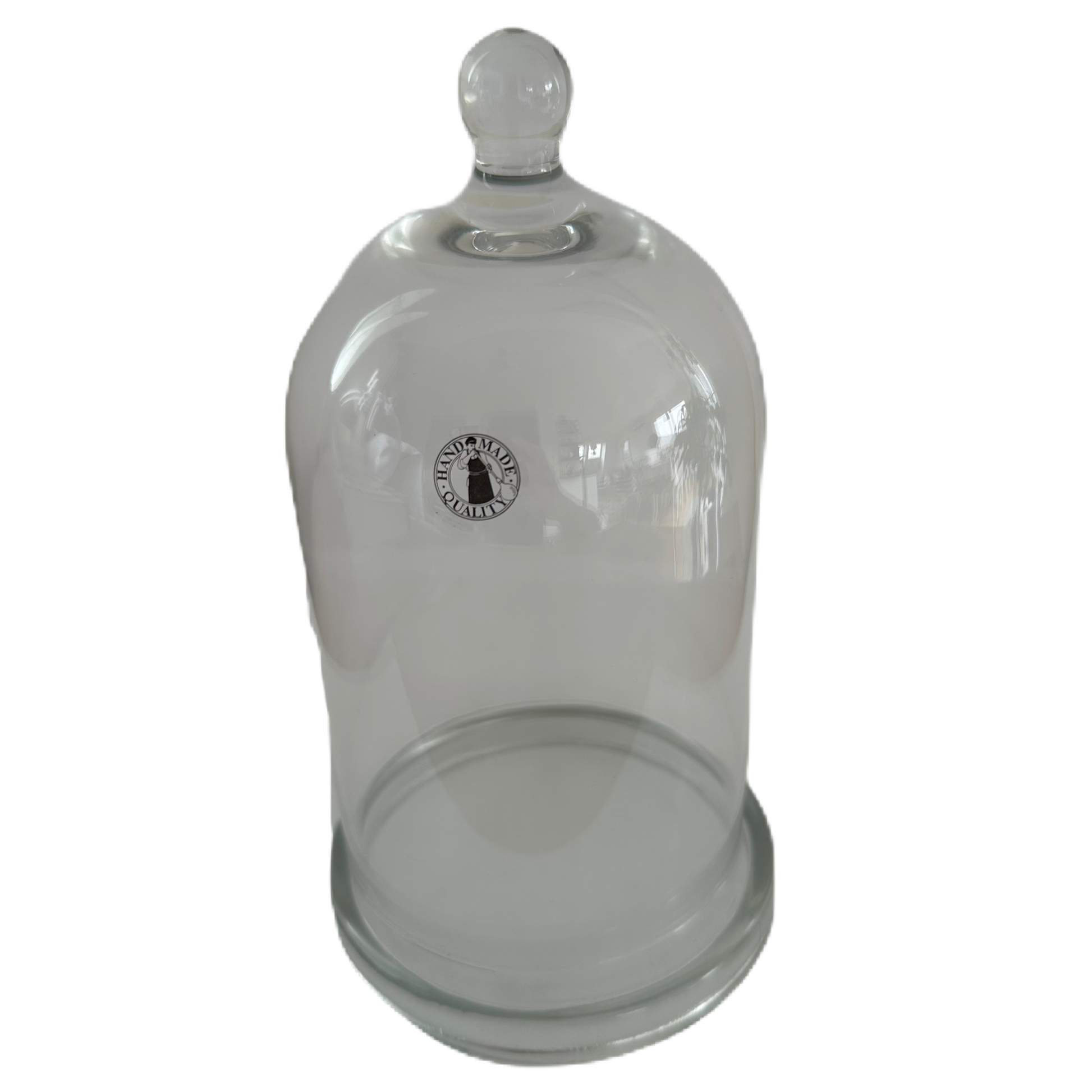 Glaskupa med fat och knopp. Etikettmärkt Handmade Quality.