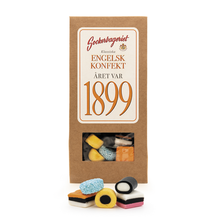 Presentförpackning med engelsk lakritskonfekt från Sockerbageriet med recept från 1899.
