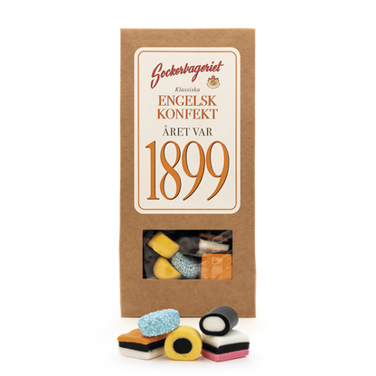 Presentförpackning med engelsk lakritskonfekt från Sockerbageriet med recept från 1899.