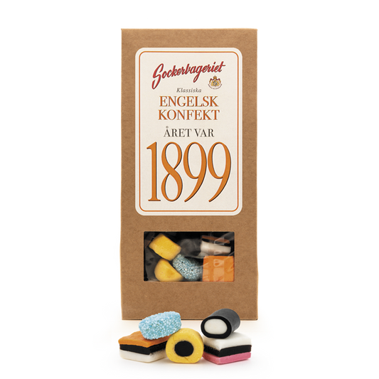 Presentförpackning med engelsk lakritskonfekt från Sockerbageriet med recept från 1899.