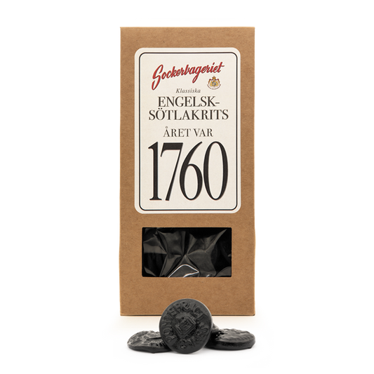 Presentförpackning med engelsk sötlakrits från Sockerbageriet, med recept från 1760.