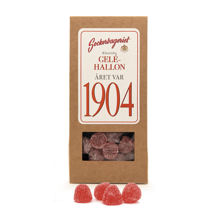 Presentförpackning med geléhallon från Sockerbageriet, med recept från 1904.