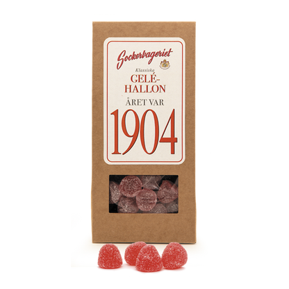 Presentförpackning med geléhallon från Sockerbageriet, med recept från 1904.