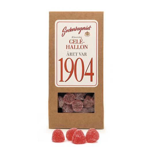 Presentförpackning med geléhallon från Sockerbageriet, med recept från 1904.