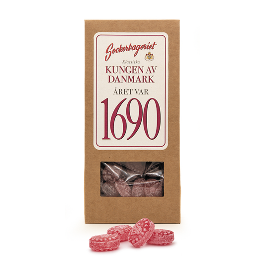 Presentförpackning med Kungen av Danmark från Sockerbageriet, med recept från 1690.