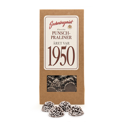 Presentförpackning med punschpraliner från Sockerbageriet, med recept från 1950.