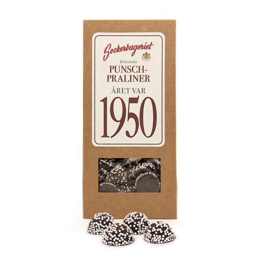 Presentförpackning med punschpraliner från Sockerbageriet, med recept från 1950.