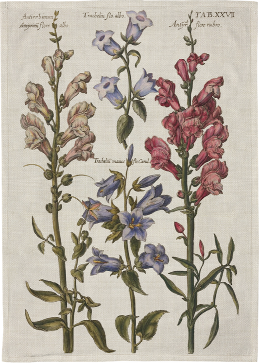 Kökshandduk med klassiskt motiv av blå, rosa och vita blommor från Sköna Ting.