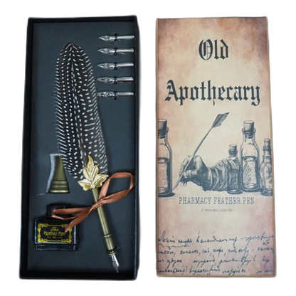 Old apotechary pennset med fjäderpenna, pennhållare, bläck och sex stycken stift i presentask från Filipiniana.