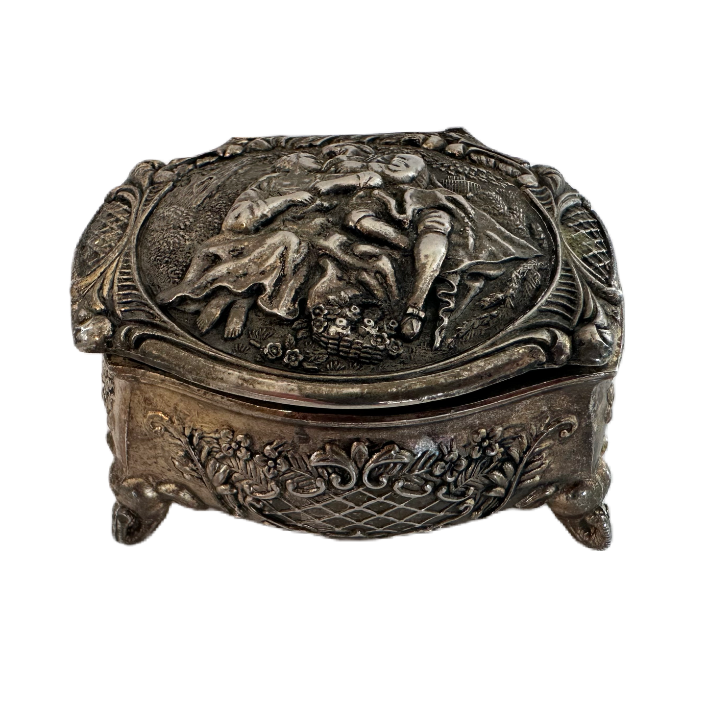 Dekorativ, silverfärgad ask med lock.