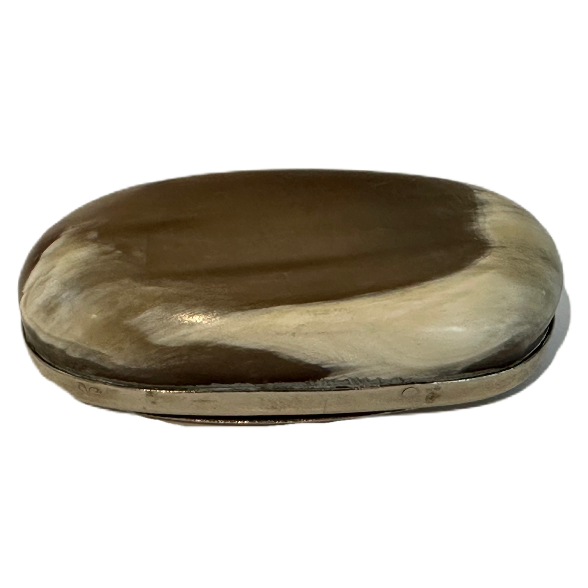 Snusdosa i horn med silverfärgat lock.
