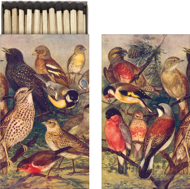 Tändsticksask med motiv av färgglada fåglar innehållandes långa tändstickor från Sköna Ting.