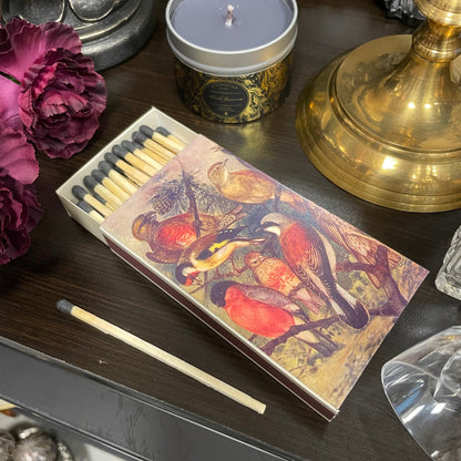 Tändsticksask med motiv av färgglada fåglar innehållandes långa tändstickor från Sköna Ting.