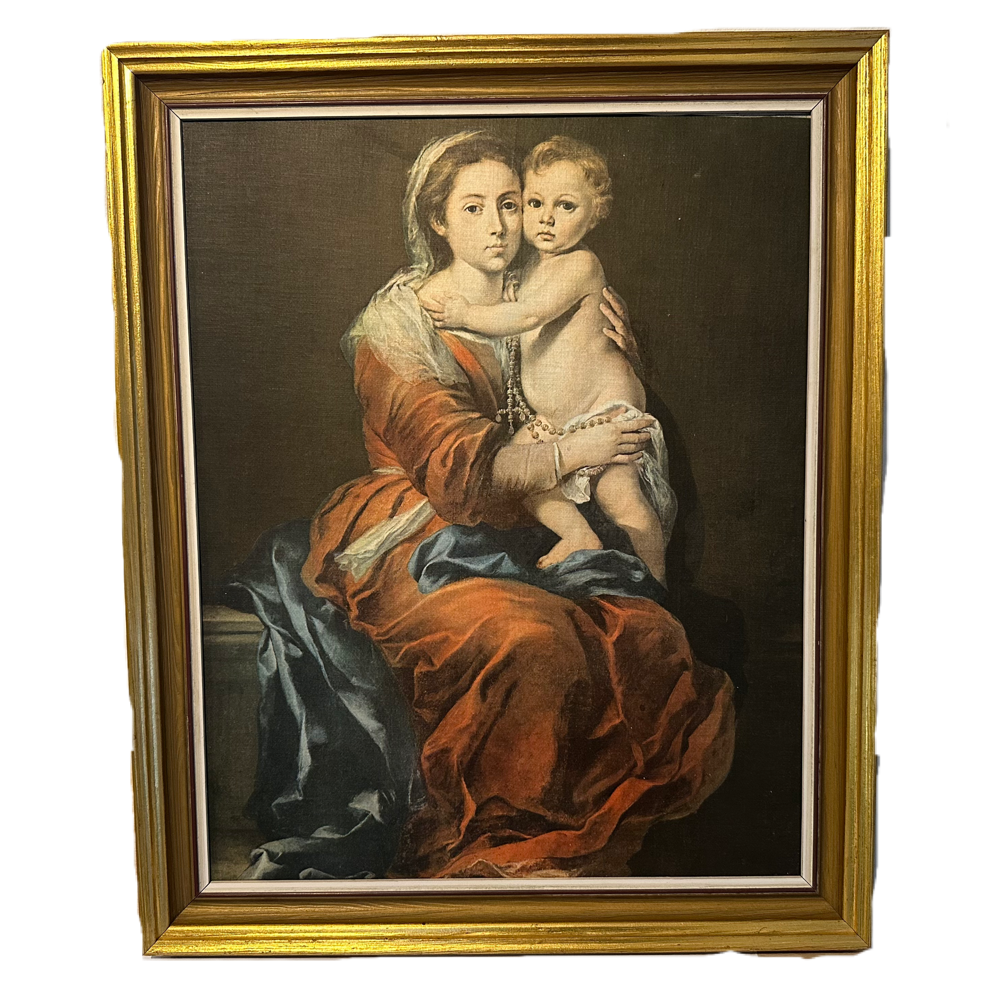 Tavla med tryckt motiv av Murillos Madonna med barn.