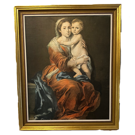 Tavla med tryckt motiv av Murillos Madonna med barn.