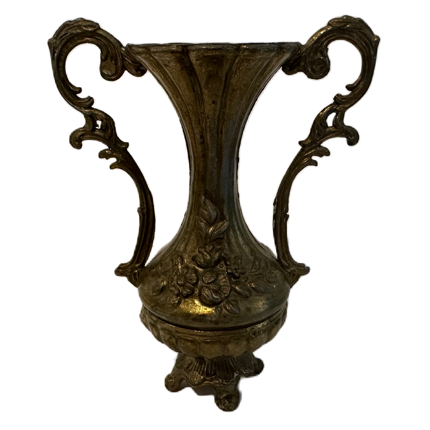 Mässingsfärgad minivas med hänklar och reliefdekor.